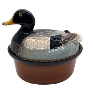 Duck Ceramic Container Bowl with Lid Brown Glazed